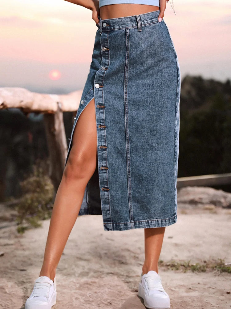 DressBetty - Sexy Streetwear Button Denim Skirt Bodycon Long Skirt