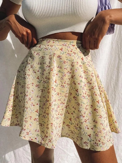DressBetty - Floral Print Boho Party Skirt New High Waist Pleated Sexy Mini Skirt