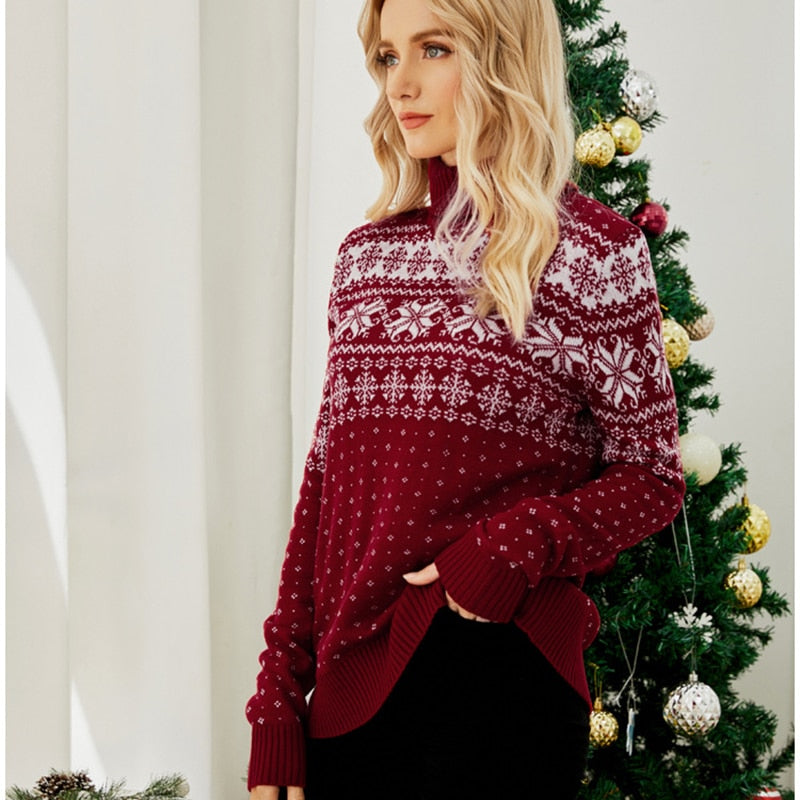 Christmas Long Sleeve Snowflake Round Neck Print Sweater Thick Knit Jumper Warm Sweater
