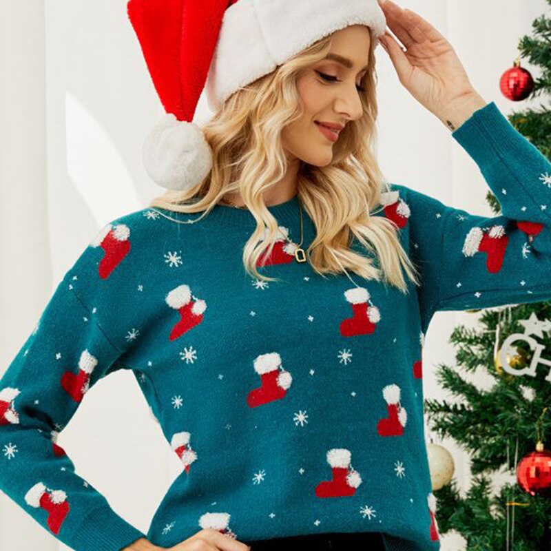 Pullover Sweater Long Sleeve Christmas Hat Round Neck Sweet Christmas Knitted