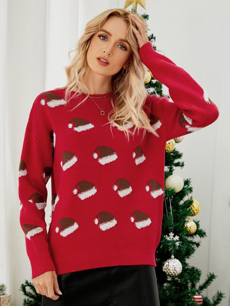 Pullover Sweater Long Sleeve Christmas Hat Round Neck Sweet Christmas Knitted