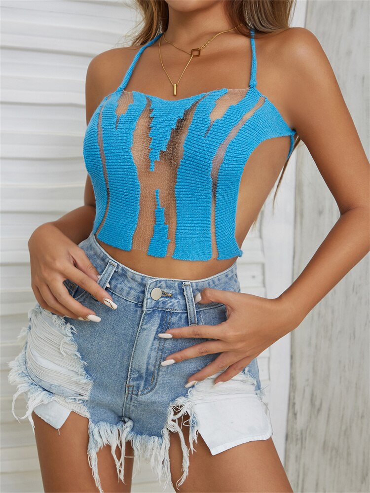 Women Mesh Patchwork Knitted Classy Bandage Vest  Cleavage Skinny Clubwear