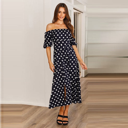 2023 Summer skirt women's word collar strapless polka dot belt print dress