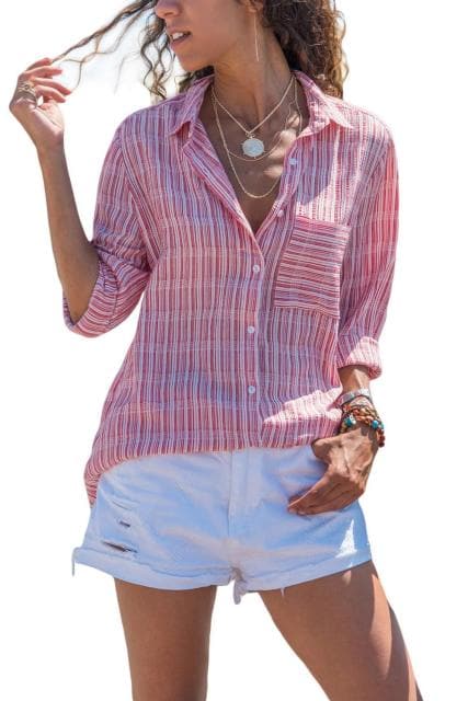 White/Red Casual Roll-up Sleeve Stripe Pocket Loose Shirt Women Turn Down Collar Single Buttons with Pocket Blouse Tops