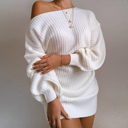 Off-shoulder Lantern Sleeve Knitted Sweater Dress