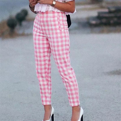 Office Lady Fashion Pink Plaid Suit Cotton Long Pants Women 2021 Summer Za High Waist Zipper Straight Chic Trousers