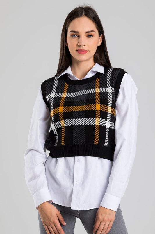 Women Black Plaid Pattern Crew Neck Knitwear Sweater Women’s Dress Toppies