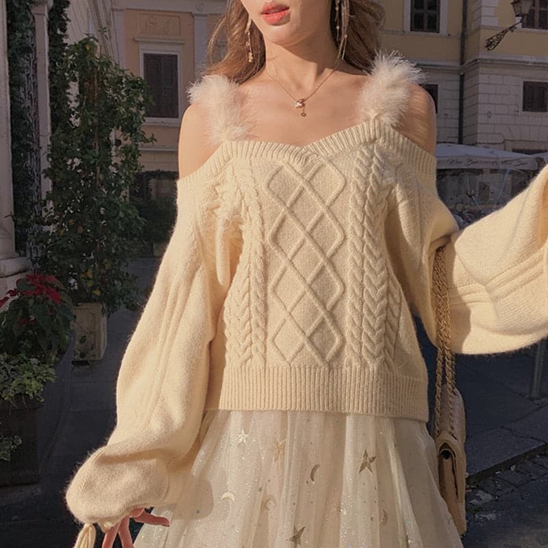 Off-the-shoulder Sweater Ladies Sexy Autumn Winter Elegant Soft Lace Puff Sleeve Knitted Sweater Woman Italy Pull Crop Top 2021