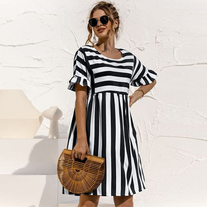2023 Cute Loose Striped Print Ruffles Sleeves Dresses