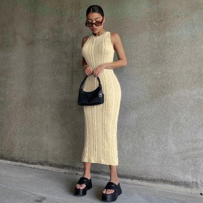 Summer Solid Color Knitted Sleevele Tank Dresses
