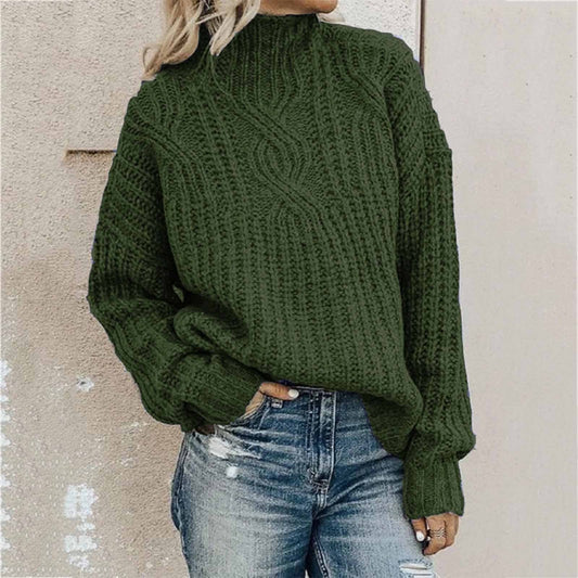 Turtleneck Jacquard Sweater Women Vintage Casual Loose Solid Long Sleeve Temperament Commute Knitted Pullover Top Pull
