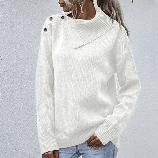 Winter Warm Women Fashion Solid Color Button Turtleneck Causal Loose Long Sleeves Socket Sweater Pullovers Tops Pull Femme