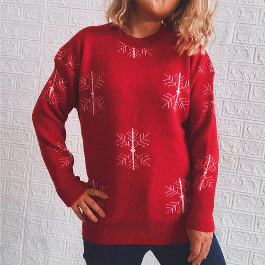 Snowflake Printed Knitted Sweater Pullovers Ladies Christmas Wool Round Neck Casual Vintage Sweater Women Sweat Capuche Femme